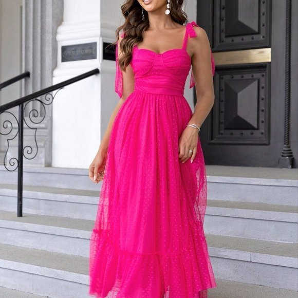 Pink Casual Womens Tie Shoulder Ruched Bust Ruffle Hem Mesh Overlay Cami Dress - Picture 5 of 5